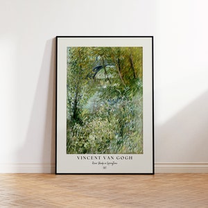 May include: A framed poster of a painting by Vincent van Gogh titled "River Bank in Springtime" depicting a river scene with a bridge and trees in shades of green, blue, and white.