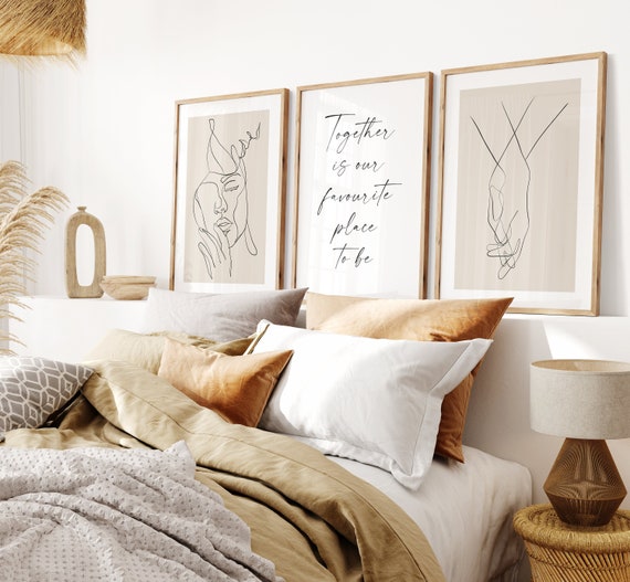 Beige Bedroom Prints Set: Line Art, Couple Hands (Digital Download)