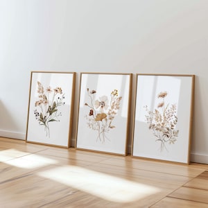 Wildflower Wall Art Set of 3, Neutral Botanical Prints, Beige Floral Printable Wall Art, Boho Minimalist Decor, Instant Download