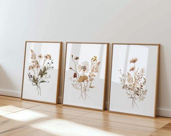 Wildflower Wall Art Set of 3, Neutral Botanical Prints, Beige Floral Printable Wall Art, Boho Minimalist Decor, Instant Download