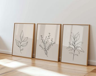 Botanical Line Art Prints: Beige Neutral Home Decor Set (Digital Download)
