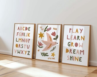Playroom Wall Art Set of 3 Printable, ABC Alphabet Poster Kids Affirmation Montessori Nursery Decor