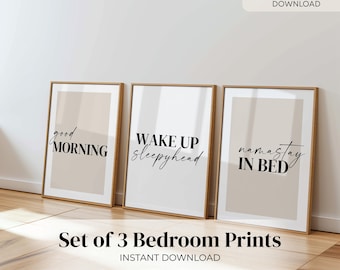 Conjunto de 3 pôsteres minimalistas para quarto, arte de parede moderna em tons de bege (download digital)