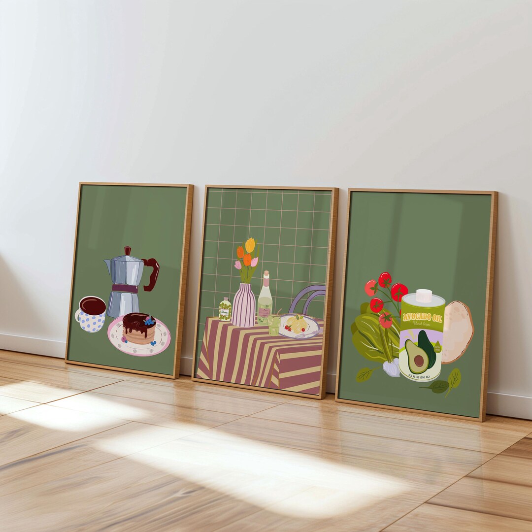 kitchen wall art set retro pie vintage printable... Kitchen Wall Art Set of 3 Cooking Gallery Prints Retro Bar Cart ...