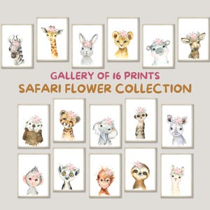 Safari Baby Animals Nursery Prints: Pink Flowers, Set of 16 (Digital Download)