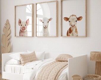 Farm Animal Nursery Prints, Baby Pig Lamb Calf Wall Art (Digital Download)