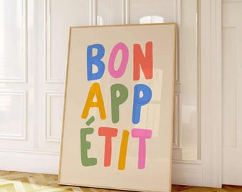 Bon Appetit Kitchen Print, Colorful French Quote Typography Art (Digital Download)