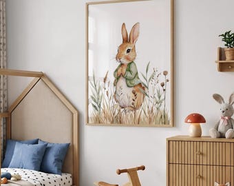 Peter Rabbit Nursery Art, Watercolor Bunny Woodland Print (Digital Download)