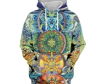 May include: A colorful hooded sweatshirt with a psychedelic design featuring a mandala with peacock feathers, eyes, and geometric shapes. The design is in shades of blue, green, yellow, orange, and red.