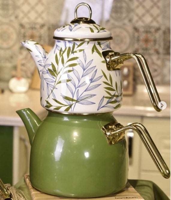Enamel Turkish Teapot Set,  Samovar Tea Maker, Kettle, Retro Kitchen Goods, Kitchenware Design
