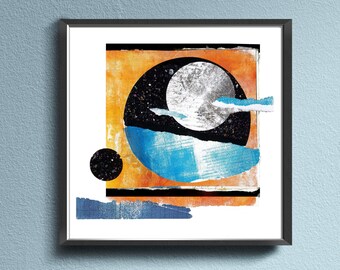 Deep Space- giclée print of original mixed media digital artwork. Abstract geometric galactic moon collage print