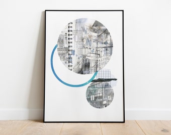 The City- giclée print of original mixed media collage. Contemporary drawn abstract architectural digital collage print.