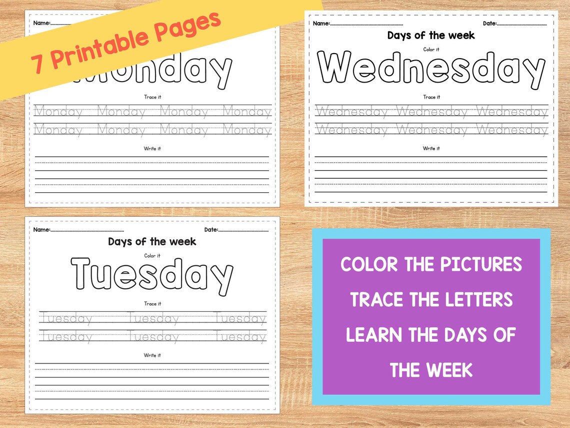 Days of the Week Printable Worksheet 7 Individual Educational - Etsy