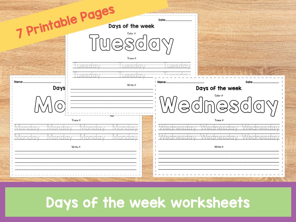 Days of the Week Printable Worksheet 7 Individual Educational - Etsy