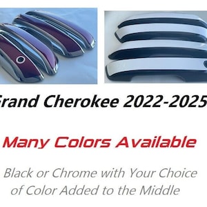 May include: Set of four chrome door handles for a Jeep Grand Cherokee 2022-2025. The handles have a red stripe in the middle.