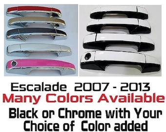 May include: Set of car door handles for a Cadillac Escalade, model years 2007-2013. The handles are available in black or chrome with a choice of color added. The image shows handles in red, gold, black, white, silver, and pink.