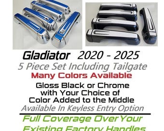 Set of 5 Custom Black OR Chrome Door Handle Overlays / Covers For the 2020 - 2025 Jeep Gladiator - You Choose the Middle Color Insert