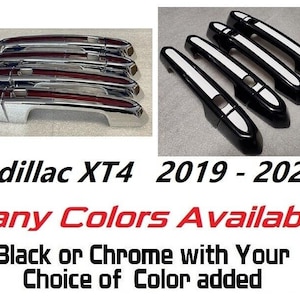 May include: Set of five Cadillac XT4 2019-2024 door handles in chrome and black with a white accent stripe.  Many colors available.  Black or chrome with your choice of color added.