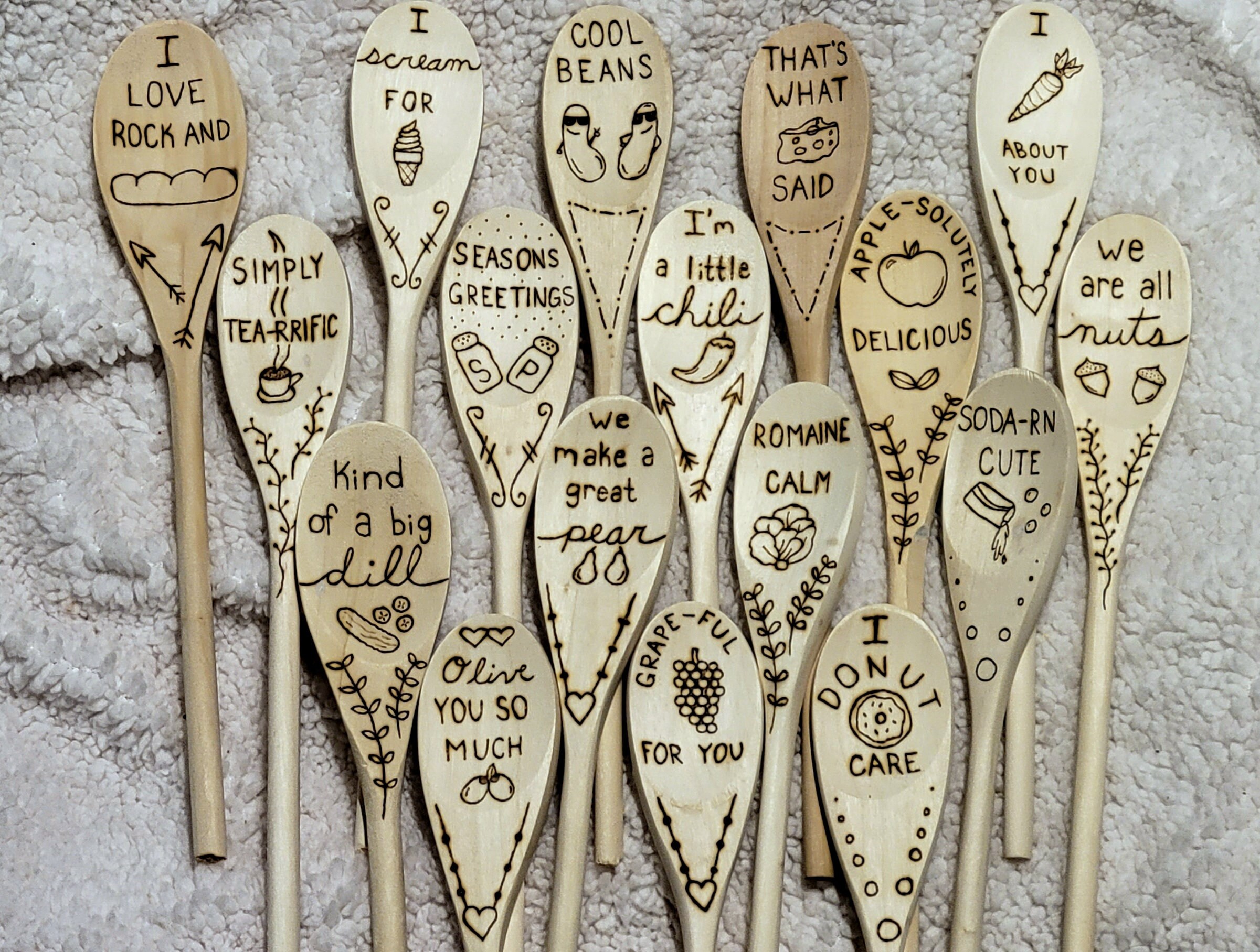 Wood Burned Spoons Food Puns Wood Burning Wooden Spoons Etsy