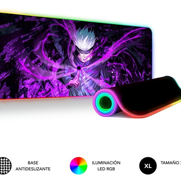 RGB Jujutsu Kaisen Mouse Pad, XXL Gaming Mat, Satoru Gojo LED Lighting, Non-Slip Base, Stitched Edges, Water Resistant, 9 Anime Design