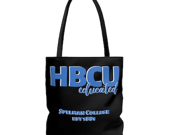 May include: Black tote bag with the text "HBCU educated" in blue lettering. Below the text is "Spelmen College Est 1881" in smaller blue lettering.