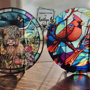 Faux stained glass circle and squares with stand. Sun catcher home decor. Mosaic glass art design.