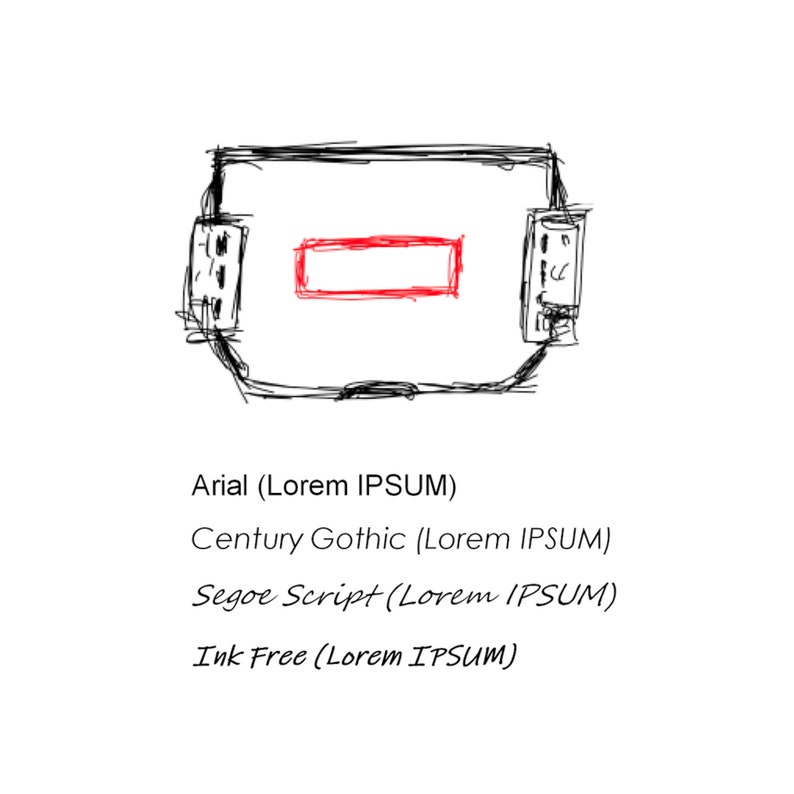 K&ouml;nnte beinhalten: Eine Schwarzwei&szlig;illustration eines Computerbildschirms mit einem roten Rechteck in der Mitte. Der Text "Arial (Lorem IPSUM)", "Century Gothic (Lorem IPSUM)", "Segoe Script (Lorem IPSUM)" und "Ink Free (Lorem IPSUM)" steht unter dem Bild.