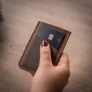Genuine Leather Card Holder Slide Mechanism, Pull out card holder, Easy to use card holder, Unique Gift Ideas, Daily use gift ideas, Minimal Light Coffee Brown