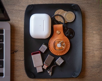 Genuine Leather Desktop Organizer for Your Electronic Devices, Keys and Coins, Catch All Decorative Desk Tray, Old School Vintage Design