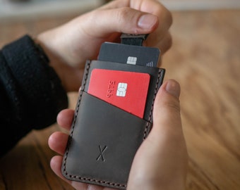Special Design Card Holder Easy to Use Slim Minimalist Design Leather Card Holder With Sliding Mechanism Pull Out