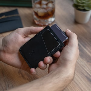 Leather Card Holder with Sliding Mechanism, Minimalist Design