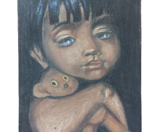 BIG eyed mid century blue eyes child pastel illustration Art