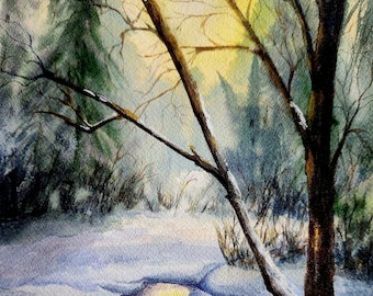 ORIGINAL Hand Painted Wooded Winter Landscape Painting, River Snowscape Watercolor Artwork, Sunrise over the Woods by Lynn Marie Jones