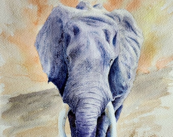ORIGINAL Hand Painted Signed Elephant Watercolor Painting, African Animal Artwork, Wildlife Home Decor by Lynn Marie Jones