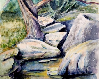 ORIGINAL Watercolor Lanscape Painting, Between a Rock and a Hard Spot, Broken Tree and Boulders along the River by Lynn Marie, 9x12"