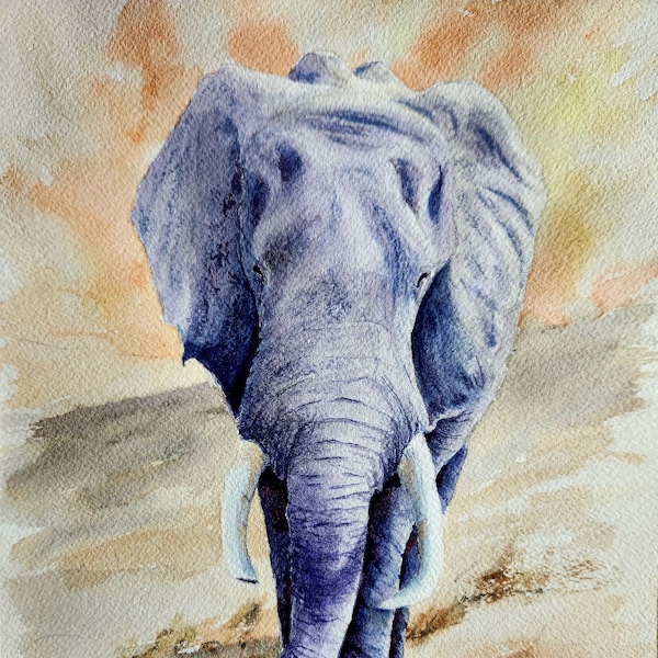 ORIGINAL Hand Painted Signed Elephant Watercolor Painting, African Animal Artwork, Wildlife Home Decor by Lynn Marie Jones