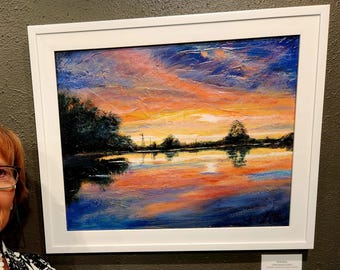 Original Sunset River Landscape Painting, Reflections Fine Art 16x20"