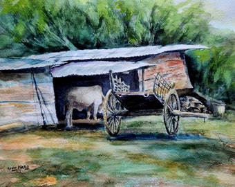 ORIGINAL Brahman Bull Landscape Painting, Bull in Barn with Cart Watercolor Artwork by Lynn Marie Jones