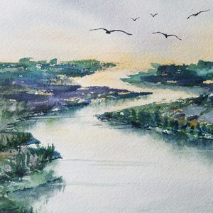 ORIGINAL Watercolor Wetlands Painting, Coastal waterway landscape artwork, wetland birds watercolour, river backwater art, Lynn Marie Jones. image 4