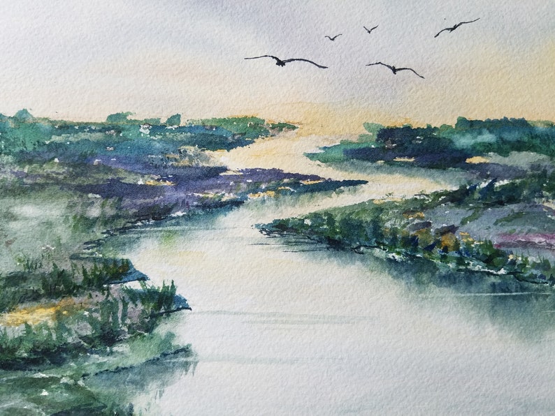 ORIGINAL Watercolor Wetlands Painting, Coastal waterway landscape artwork, wetland birds watercolour, river backwater art, Lynn Marie Jones. image 4