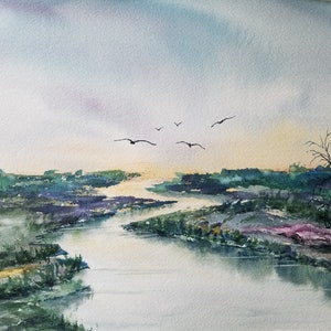 ORIGINAL Watercolor Wetlands Painting, Coastal waterway landscape artwork, wetland birds watercolour, river backwater art, Lynn Marie Jones. image 1