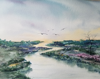 ORIGINAL Watercolor Wetlands Painting, Coastal waterway landscape artwork, wetland birds watercolour, river backwater art, Lynn Marie Jones.