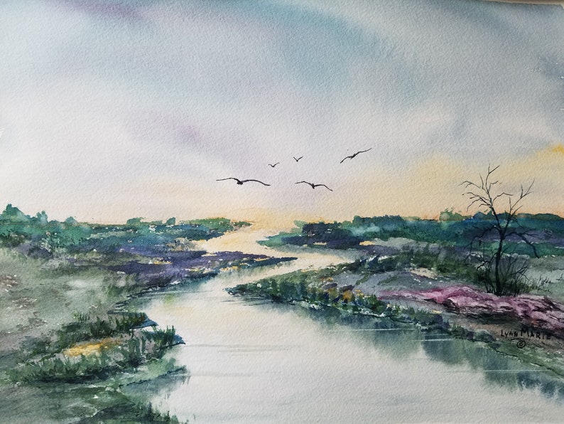 ORIGINAL Watercolor Wetlands Painting, Coastal waterway landscape artwork, wetland birds watercolour, river backwater art, Lynn Marie Jones. image 1