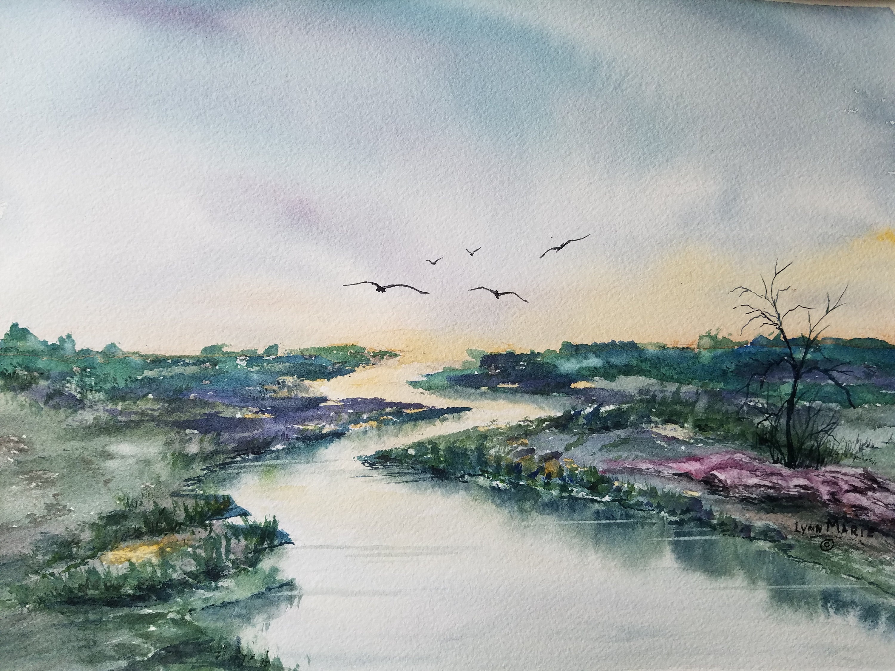 ORIGINAL Watercolor Wetlands Painting, Coastal Waterway Landscape