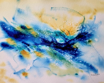 ORIGINAL Unique Blue Abstract Watercolor Painting, "Crazy Day", Soothing and meditative Minimalist Artwork by Lynn Marie Jones