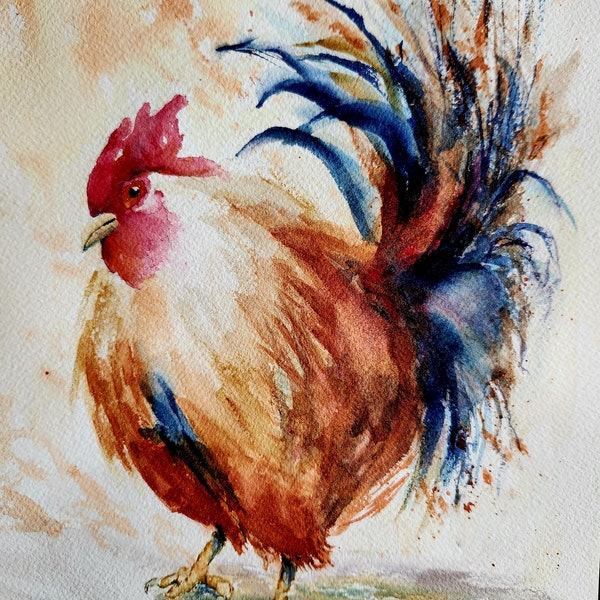 ORIGINAL Hand Painted Signed Rooster Watercolor Painting, Colorful Chicken Impressionistic Artwork by Lynn Marie Jones, "Barn Yard Boss"