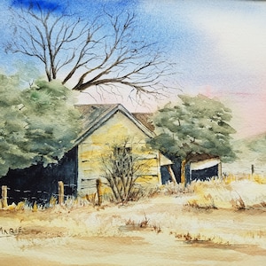 ORIGINAL, Unique Ranch House Watercolor Landscape Painting &quot;Abandoned Dream&quot;- Old Texas Hill Country Farm Home Decor, Lynn Marie Jones