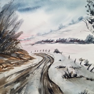Original Watercolor Snowscape Painting, &quot;Winter&#39;s Dusk&quot;, Snowy Winter Lane Artwork, Winter Sunset Wall Decor, Lynn Marie Jones NOT A PRINT