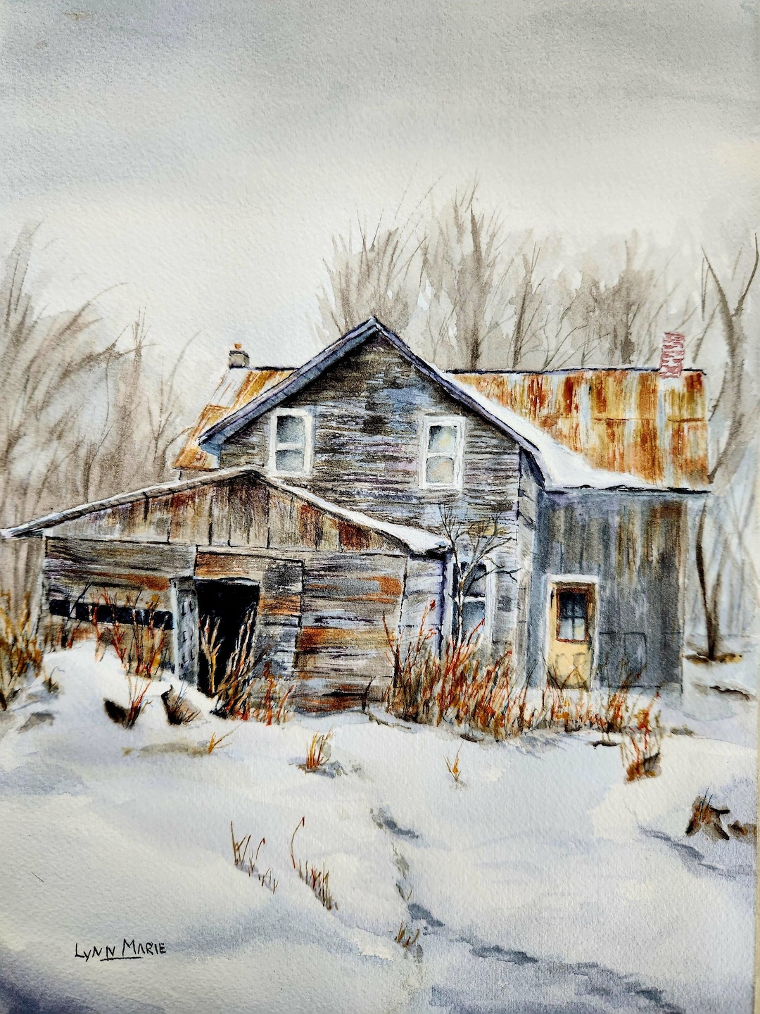 ORIGINAL Rustic Barn Watercolor Painting, Old Western Homestead Winter ...