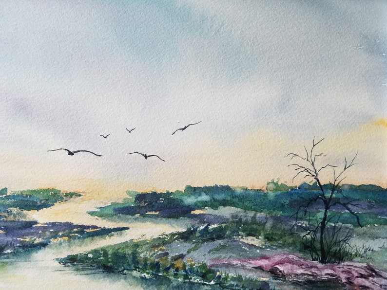 ORIGINAL Watercolor Wetlands Painting, Coastal waterway landscape artwork, wetland birds watercolour, river backwater art, Lynn Marie Jones. image 2